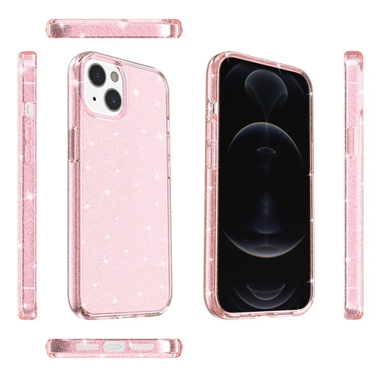 Shiny Glittery Powder Phone Case for iPhone 14 6.1 inch, Shockproof Soft TPU + Hard PC Protective Cover - Pink