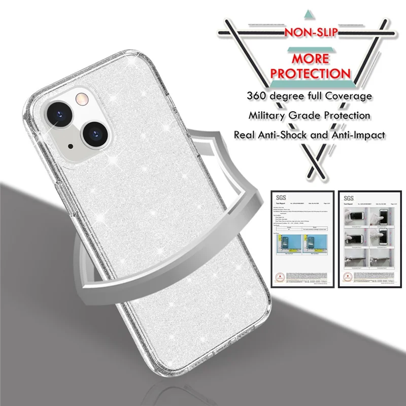 Capa de celular com pó brilhante e cintilante para iPhone 14 6,1 polegadas, capa protetora macia de TPU + PC rígido à prova de choque - Branca