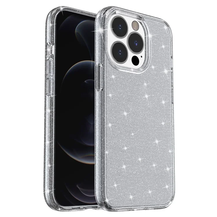 Glittery Powder Smart Phone Case for iPhone 14 Pro 6.1 inch, Anti-drop TPU Edge + PC Back Cover - Grey
