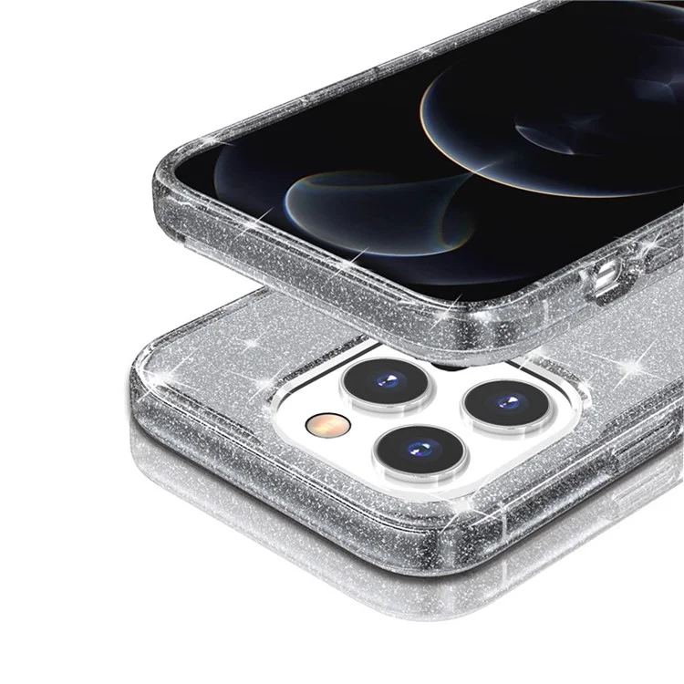 Glittery Powder Smart Phone Case for iPhone 14 Pro 6.1 inch, Anti-drop TPU Edge + PC Back Cover - Grey