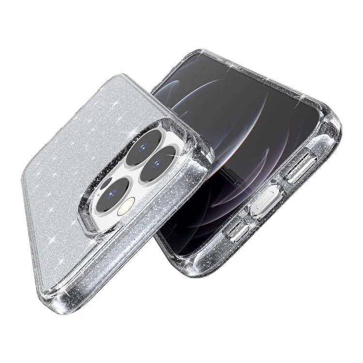 Glittery Powder Smart Phone Case for iPhone 14 Pro 6.1 inch, Anti-drop TPU Edge + PC Back Cover - Grey