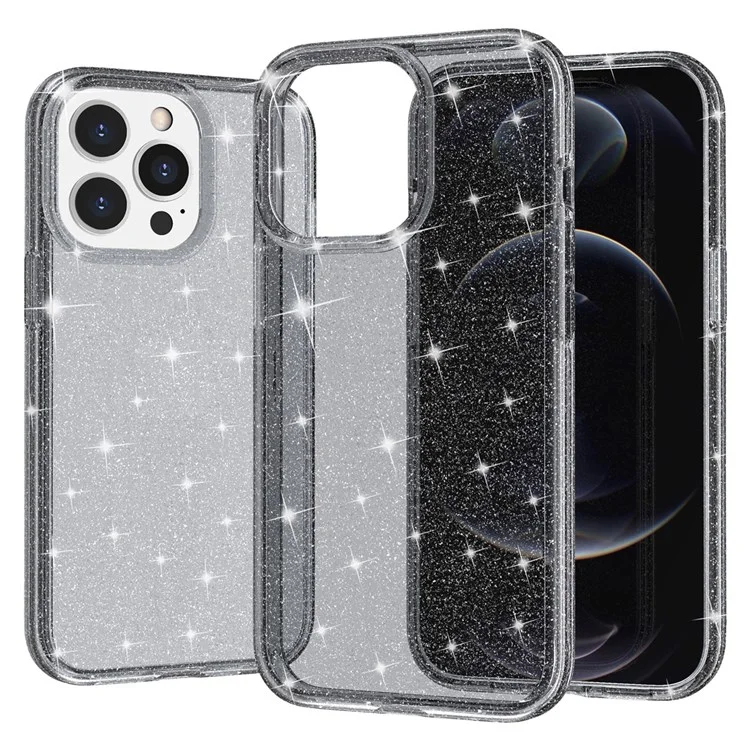 Glittery Powder Smart Phone Case for iPhone 14 Pro 6.1 inch, Anti-drop TPU Edge + PC Back Cover - Grey