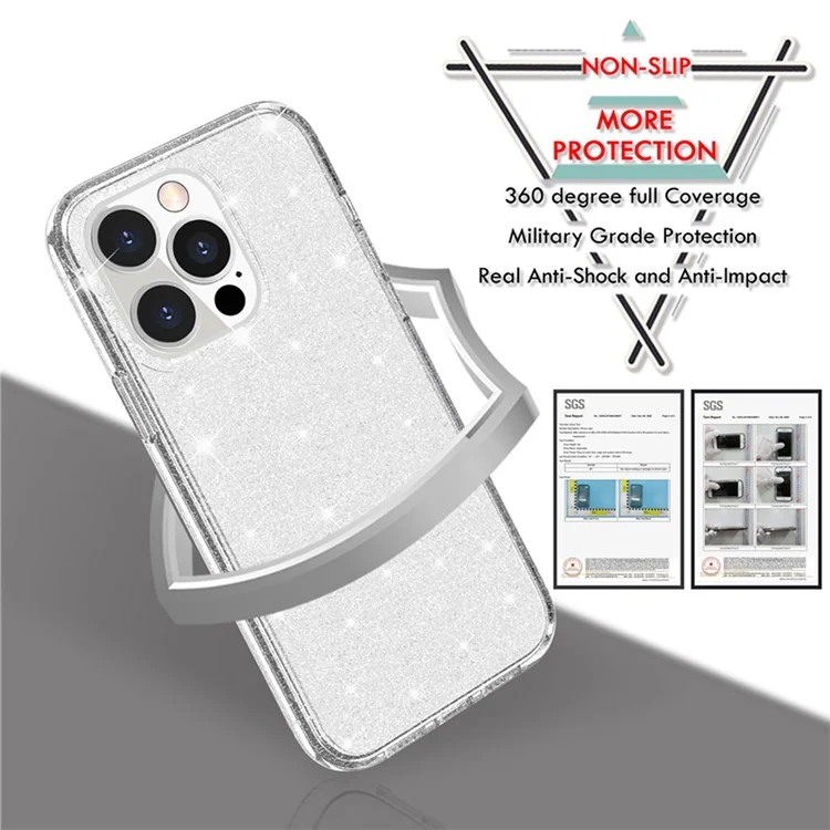 Glittery Powder Smart Phone Case for iPhone 14 Pro 6.1 inch, Anti-drop TPU Edge + PC Back Cover - Grey