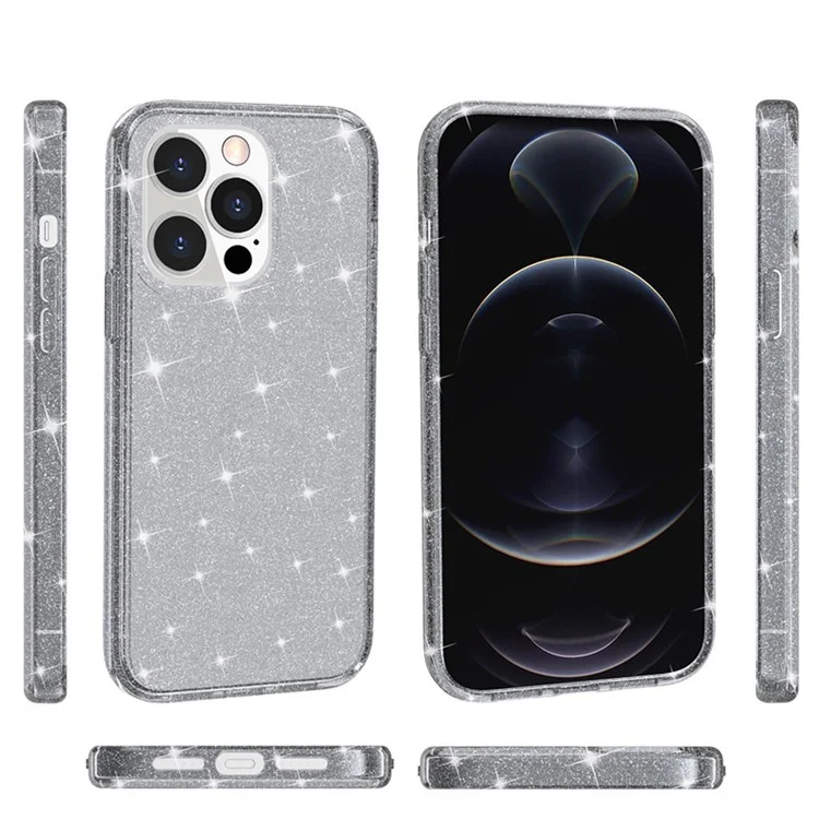 Glittery Powder Smart Phone Case for iPhone 14 Pro 6.1 inch, Anti-drop TPU Edge + PC Back Cover - Grey