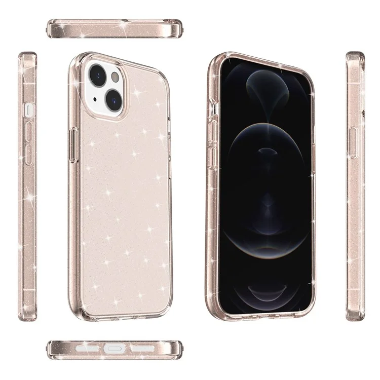 Custodia protettiva in TPU morbido e PC duro con polvere glitterata per iPhone 14 Plus 6,7 pollici, custodia protettiva antigraffio per telefono - Oro