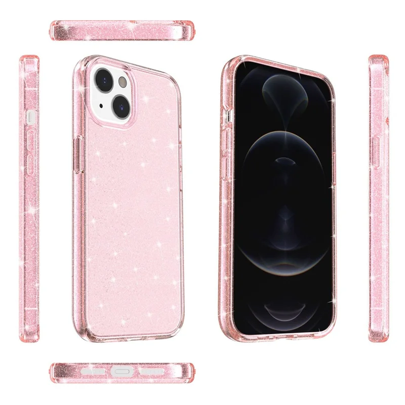 Étui en TPU souple et en PC dur avec paillettes pour iPhone 14 Plus 6,7 pouces, housse de protection anti-rayures pour téléphone - Rose