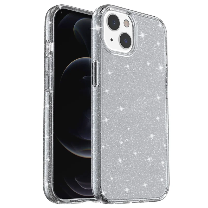 Glittery Powder Soft TPU Hard PC Case for iPhone 14 Plus 6.7 inch, Anti-scratch Protective Phone Cover - Grey