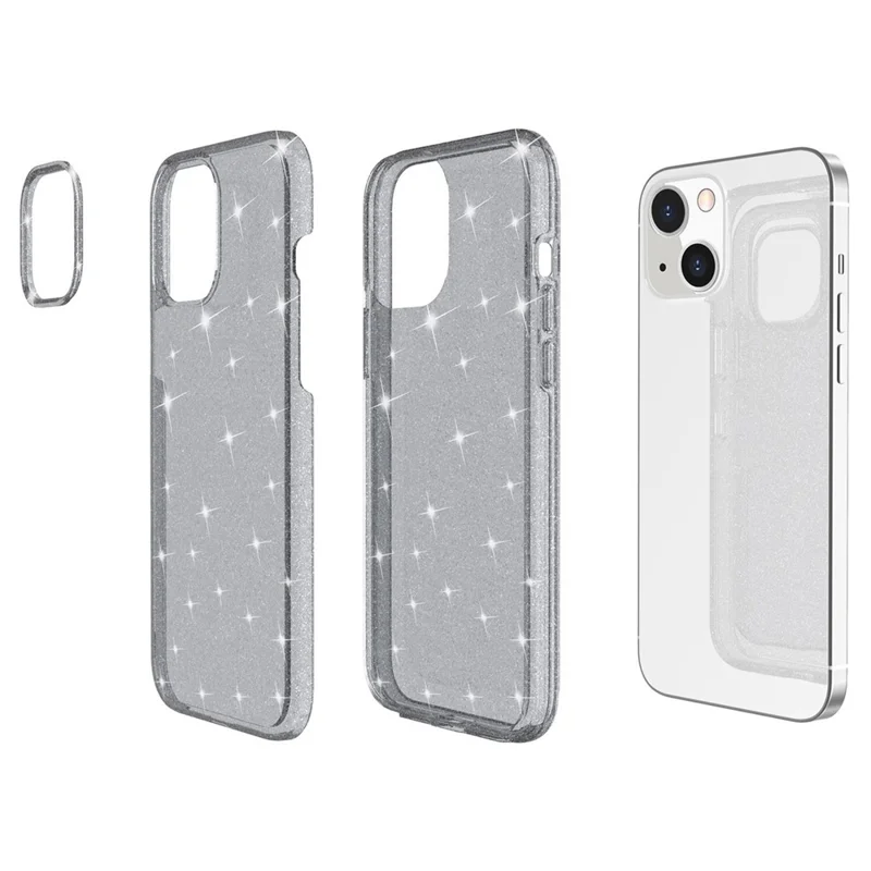 Glittery Powder Soft TPU Hard PC Case for iPhone 14 Plus 6.7 inch, Anti-scratch Protective Phone Cover - Grey