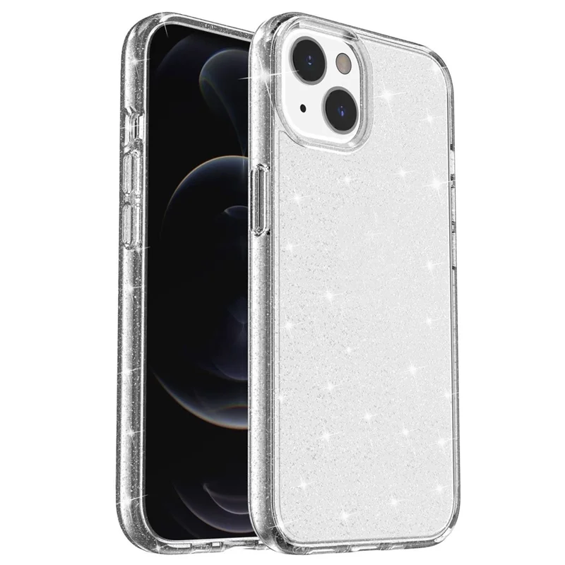 Glittery Powder Soft TPU Hard PC Case for iPhone 14 Plus 6.7 inch, Anti-scratch Protective Phone Cover - White