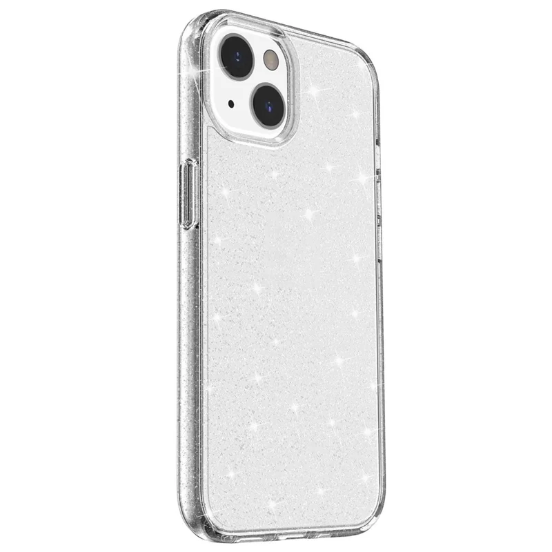 Glittery Powder Soft TPU Hard PC Case for iPhone 14 Plus 6.7 inch, Anti-scratch Protective Phone Cover - White