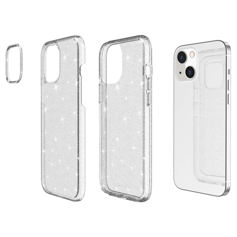 Glittery Powder Soft TPU Hard PC Case for iPhone 14 Plus 6.7 inch, Anti-scratch Protective Phone Cover - White