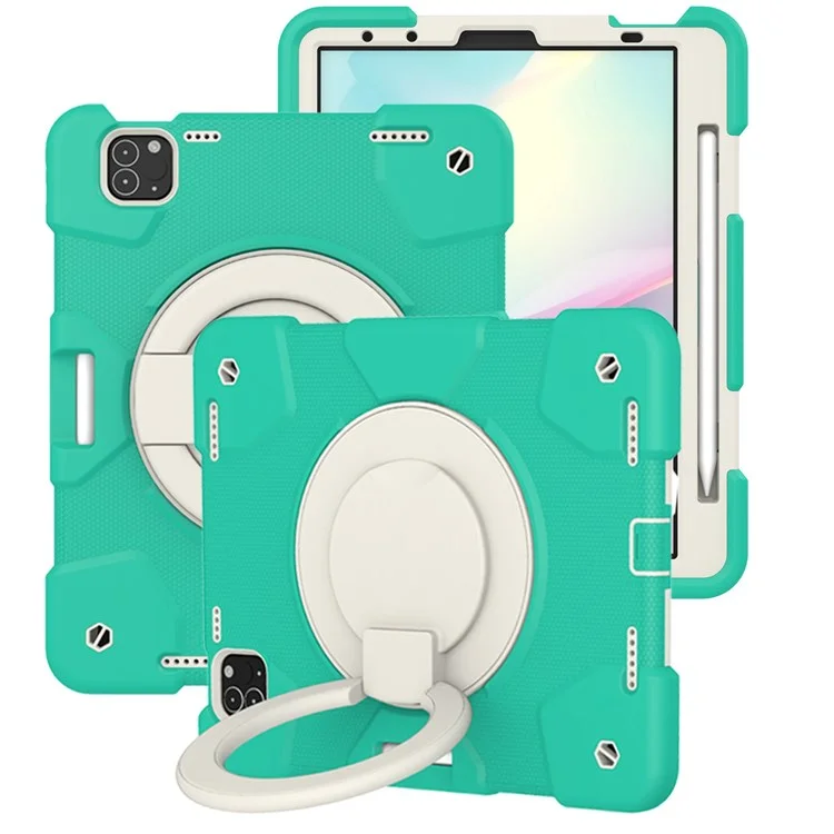 Pour Ipad Pro 11 Pouces (2021) / (2020) / (2018) / Ipad Air (2022) / (2020) Tablet Kickstand Case PC + Couvercle Hybride Étouffant en Silicone Avec Sangle D'épaule - Menthe Verte