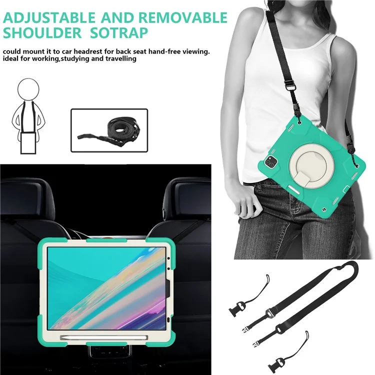 Pour Ipad Pro 11 Pouces (2021) / (2020) / (2018) / Ipad Air (2022) / (2020) Tablet Kickstand Case PC + Couvercle Hybride Étouffant en Silicone Avec Sangle D'épaule - Menthe Verte