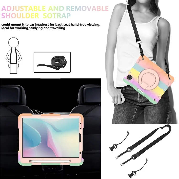 For iPad Pro 11 (2021) / (2020) / (2018) / (2022) / iPad Air (2022) / (2020) Colorful Tablet Cover Scratch-Resistant Kickstand Case with Shoulder Strap - Colorful Rose Gold