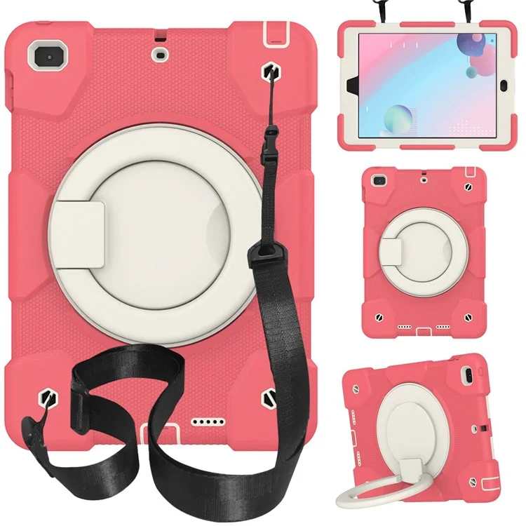 Cas de Protection de Laerckstand Pour Ipad 9.7-pouces (2018) / (2017) / Ipad Air 2, Couverture Hybride en Silicone Résistant à L'impact PC + Silicone Avec Bandoulière - Bégonia Rouge