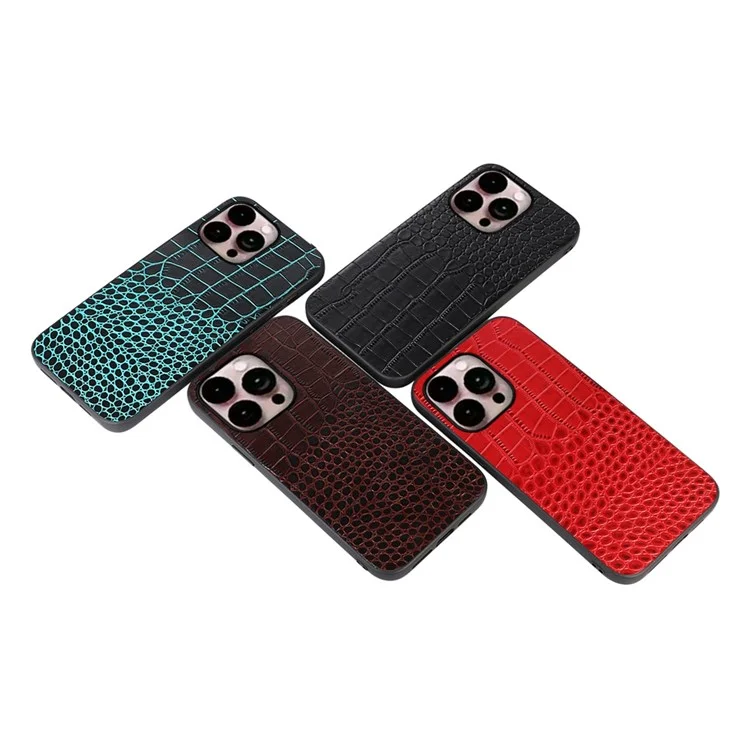 For iPhone 14 Pro Max 6.7 inch Hybrid Slim Case Crocodile Texture Phone Cover Shockproof Genuine Cowhide Leather Coated PC+TPU Mobile Phone Protective Shell - Brown