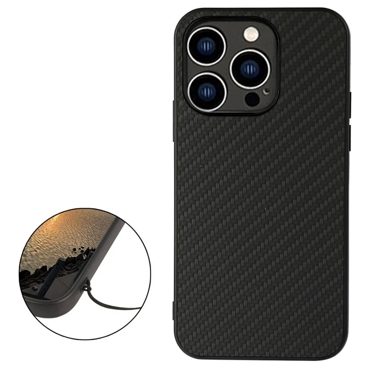 Para iPhone 14 Pro de 6.1 pulgadas Funda protectora ultradelgada con textura de fibra de carbono Resistente al desgaste Funda de teléfono de cuero PU revestido Carcasa híbrida posterior - Negro