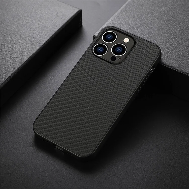 Para iPhone 14 Pro de 6.1 pulgadas Funda protectora ultradelgada con textura de fibra de carbono Resistente al desgaste Funda de teléfono de cuero PU revestido Carcasa híbrida posterior - Negro