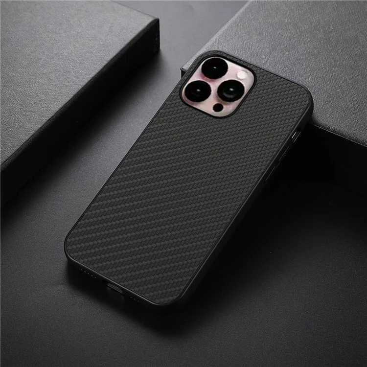 For iPhone 14 Pro Max 6.7 inch Anti-fall Ultra-thin Phone Case Carbon Fiber Texture Protective Cover PU Leather Coated Cellphone Hybrid Back Shell - Black