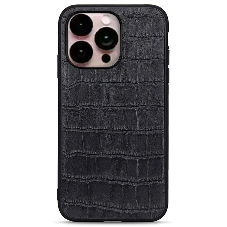 For iPhone 14 Pro Max 6.7 inch Anti-drop Phone Case Crocodile Texture Genuine Leather Case Non-slip Grip Anti-scratch Cover - Black