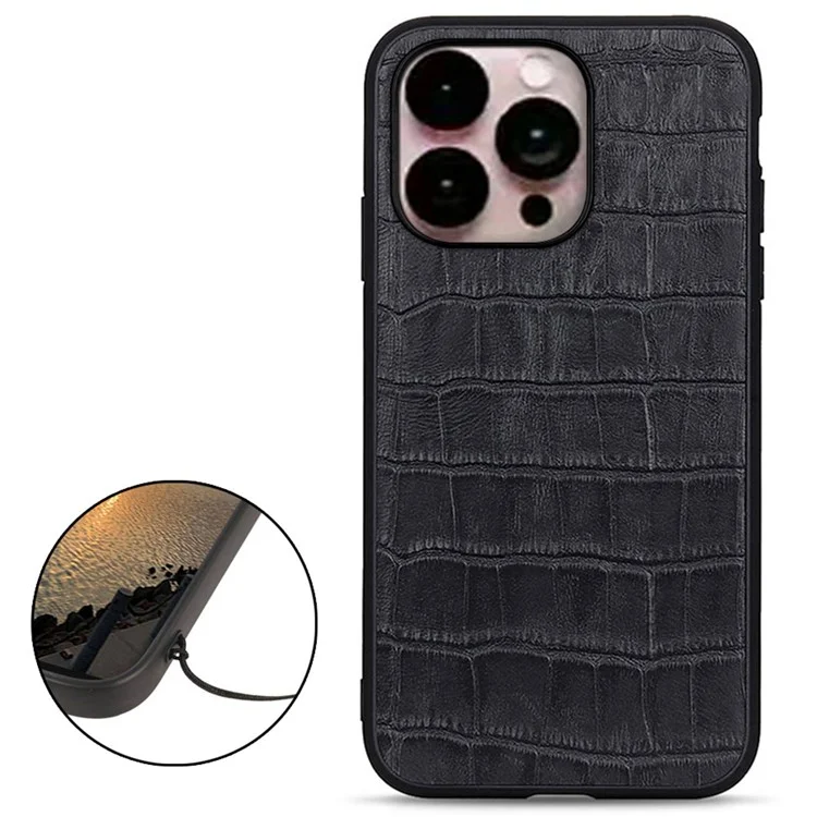 For iPhone 14 Pro Max 6.7 inch Anti-drop Phone Case Crocodile Texture Genuine Leather Case Non-slip Grip Anti-scratch Cover - Black