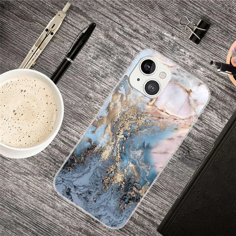 For iPhone 14 6.1 inch Style TPU Phone Shell Marble Pattern IMD Shockproof Back Cover - Style W