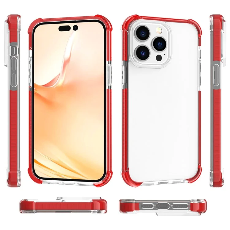 For iPhone 14 Pro Max Case Four Corners Anti Drop Clear TPU + TPE + PC Phone Cover - Transparent Red