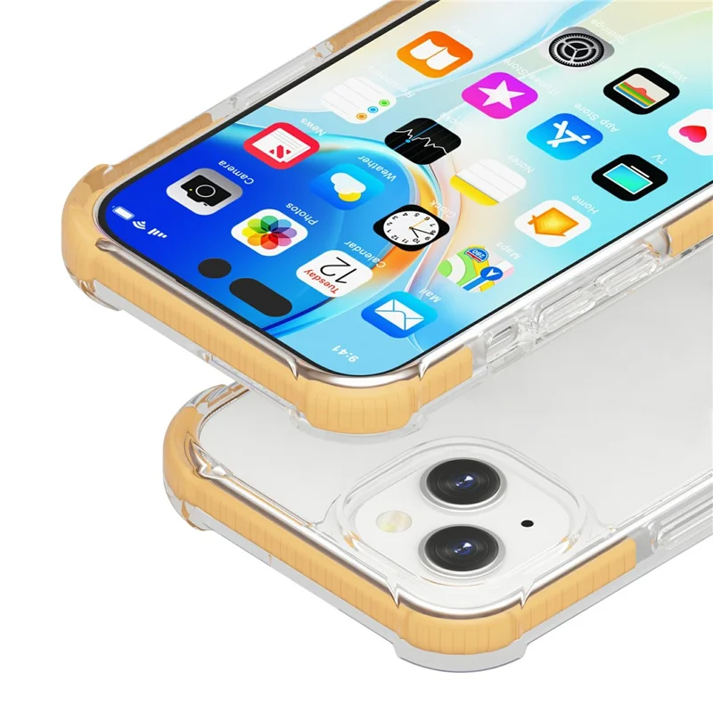 Capa para iPhone 14 Proteção de Quatro Cantos Antichoque Transparente em TPU + TPE + PC - Amarelo Transparente