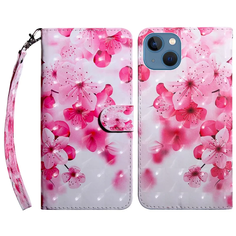 For iPhone 14 6.1 inch PU Leather Case Stand Function 3D Pattern Printed Magnet Closure Wallet Phone Cover with Strap - Peach Blossom