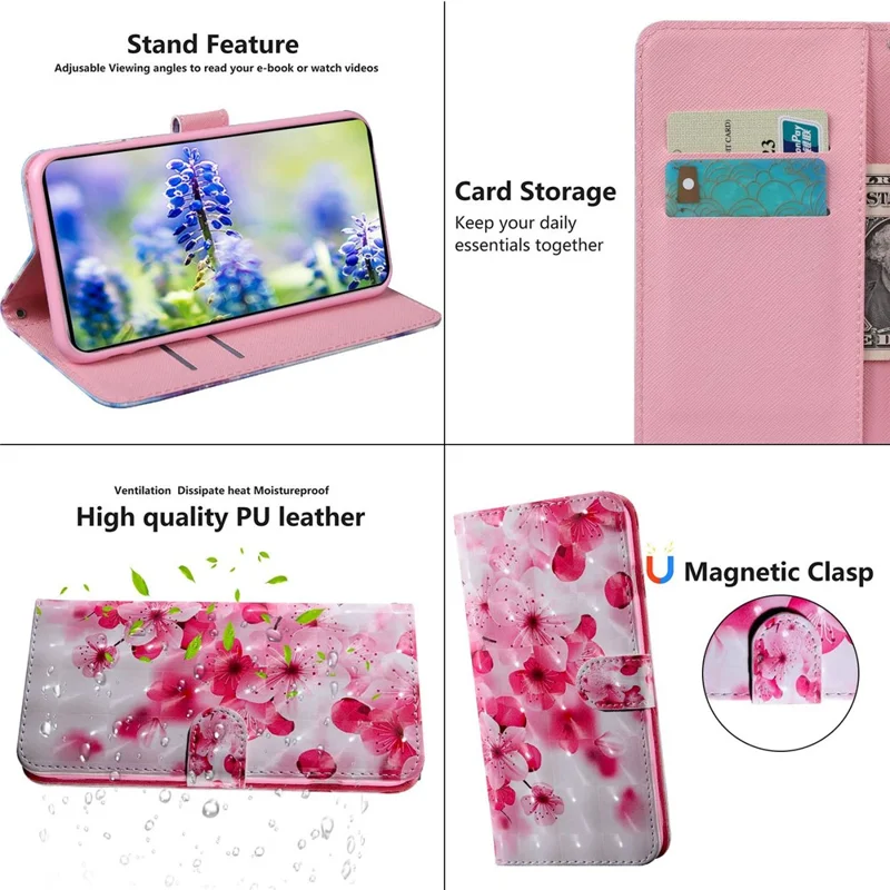 For iPhone 14 6.1 inch PU Leather Case Stand Function 3D Pattern Printed Magnet Closure Wallet Phone Cover with Strap - Peach Blossom