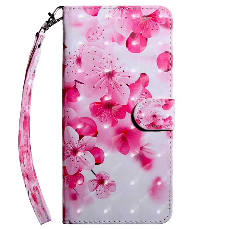 For iPhone 14 6.1 inch PU Leather Case Stand Function 3D Pattern Printed Magnet Closure Wallet Phone Cover with Strap - Peach Blossom