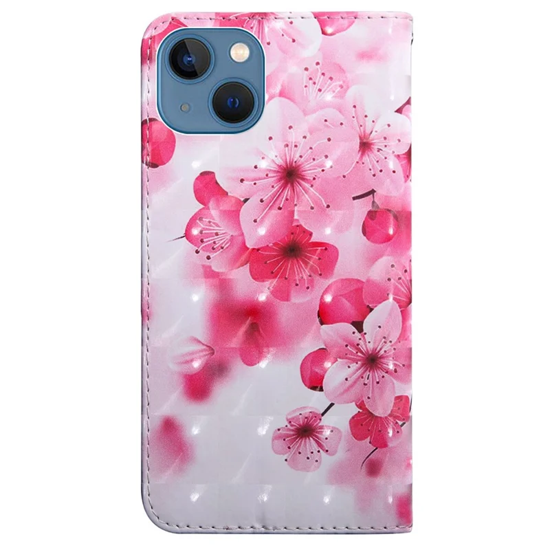 For iPhone 14 6.1 inch PU Leather Case Stand Function 3D Pattern Printed Magnet Closure Wallet Phone Cover with Strap - Peach Blossom