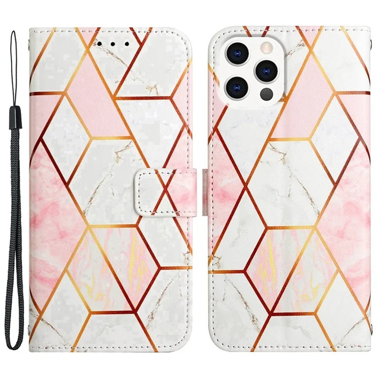 YB Pattern Printing Leather Series-5 Para Iphone 14 Pro 6.1 Pulgadas Case de Teléfono PU Pun Case de Cuero Con Correa - Rosa/blanco 002