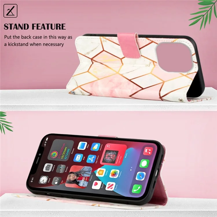 YB Pattern Printing Leather Series-5 Para Iphone 14 Pro 6.1 Pulgadas Case de Teléfono PU Pun Case de Cuero Con Correa - Rosa/blanco 002