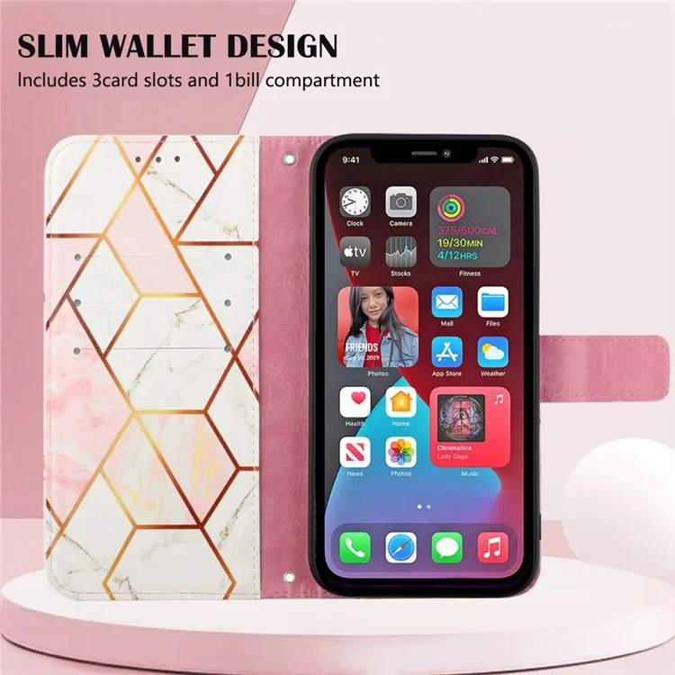 YB Pattern Printing Leather Series-5 Para Iphone 14 Pro 6.1 Pulgadas Case de Teléfono PU Pun Case de Cuero Con Correa - Rosa/blanco 002