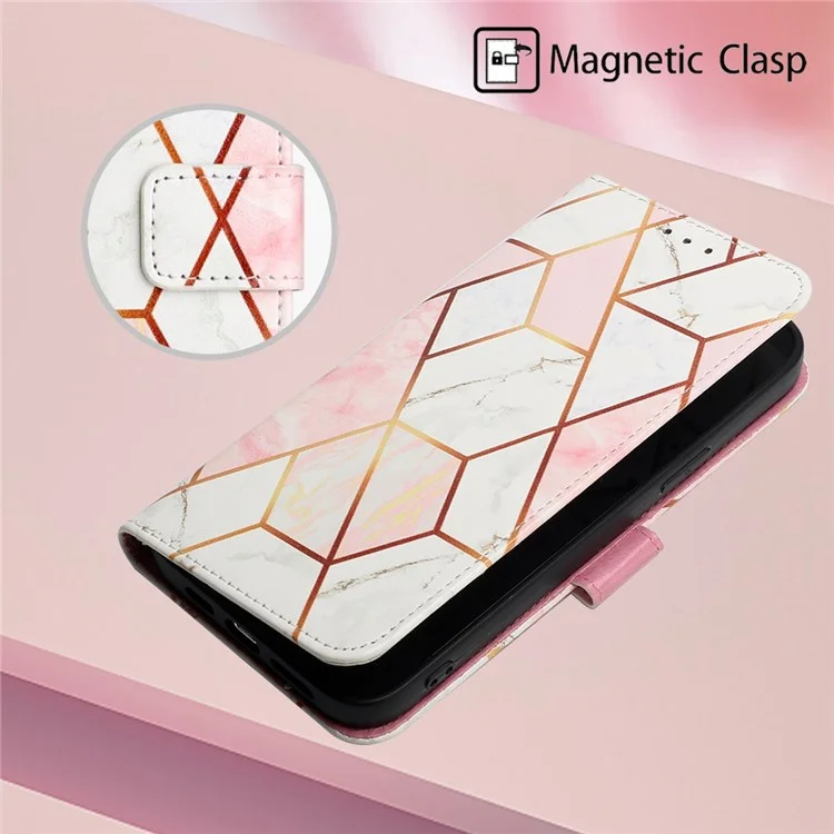 YB Pattern Printing Leather Series-5 Para Iphone 14 Pro 6.1 Pulgadas Case de Teléfono PU Pun Case de Cuero Con Correa - Rosa/blanco 002