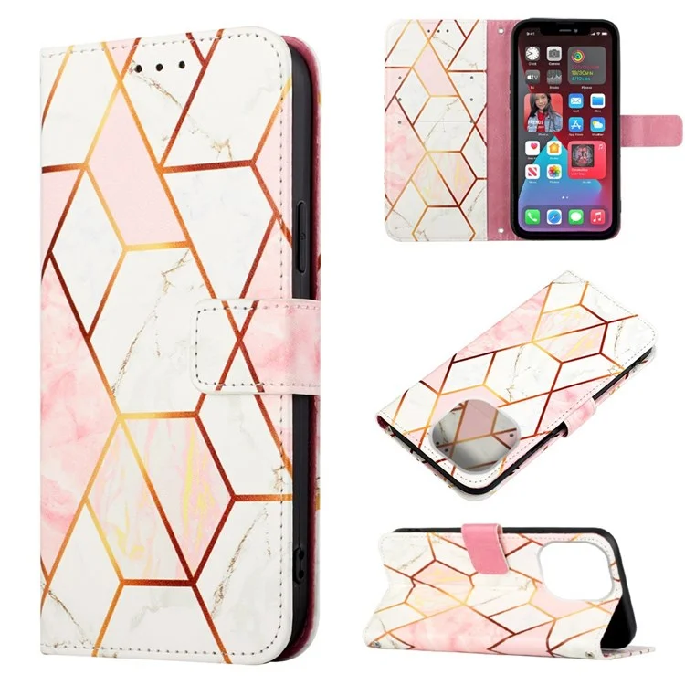 YB Pattern Printing Leather Series-5 Para Iphone 14 Pro 6.1 Pulgadas Case de Teléfono PU Pun Case de Cuero Con Correa - Rosa/blanco 002