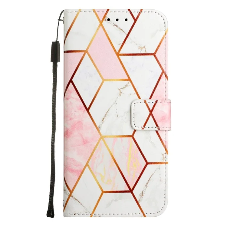 YB Pattern Printing Leather Series-5 Para Iphone 14 Pro 6.1 Pulgadas Case de Teléfono PU Pun Case de Cuero Con Correa - Rosa/blanco 002