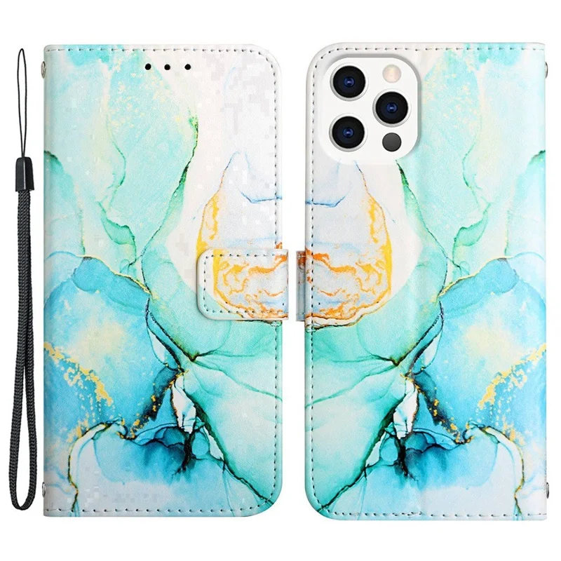 YB Pattern Printing Leather Series-5 for iPhone 14 Plus 6.7 inch PU Leather Case Magnetic Clasp Stand Function Marble Pattern Printing Flip Wallet Cover with Strap - Green 003