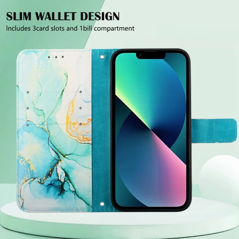 YB Pattern Printing Leather Series-5 for iPhone 14 Plus 6.7 inch PU Leather Case Magnetic Clasp Stand Function Marble Pattern Printing Flip Wallet Cover with Strap - Green 003