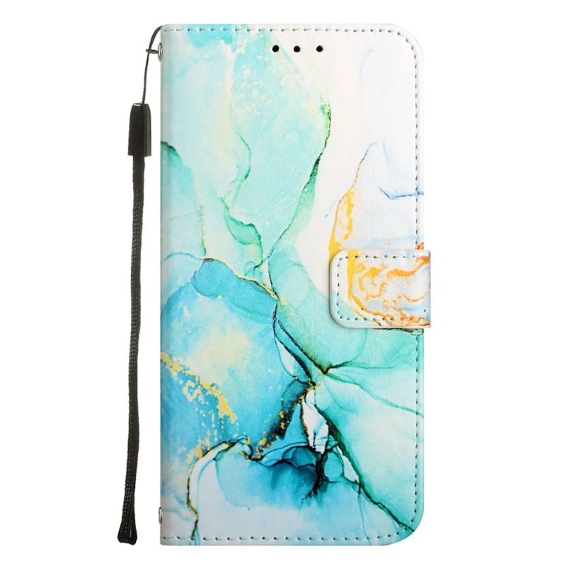YB Pattern Printing Leather Series-5 for iPhone 14 Plus 6.7 inch PU Leather Case Magnetic Clasp Stand Function Marble Pattern Printing Flip Wallet Cover with Strap - Green 003