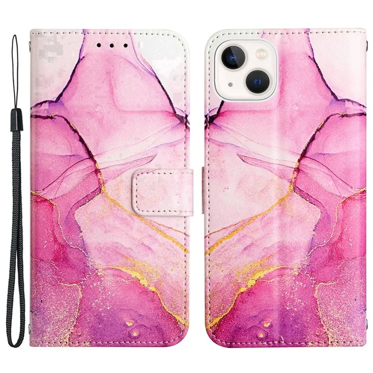 YB Pattern Printing Leder Serie-5 für iPhone 14 6,1 Zoll PU Leder Flip Wallet Case Marmor Muster Magnetverschluss Ständer Schutzhülle mit Riemen - Pink/Lila/Gold 001