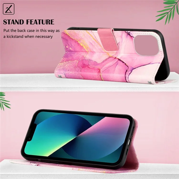 YB Pattern Printing Leder Serie-5 für iPhone 14 6,1 Zoll PU Leder Flip Wallet Case Marmor Muster Magnetverschluss Ständer Schutzhülle mit Riemen - Pink/Lila/Gold 001