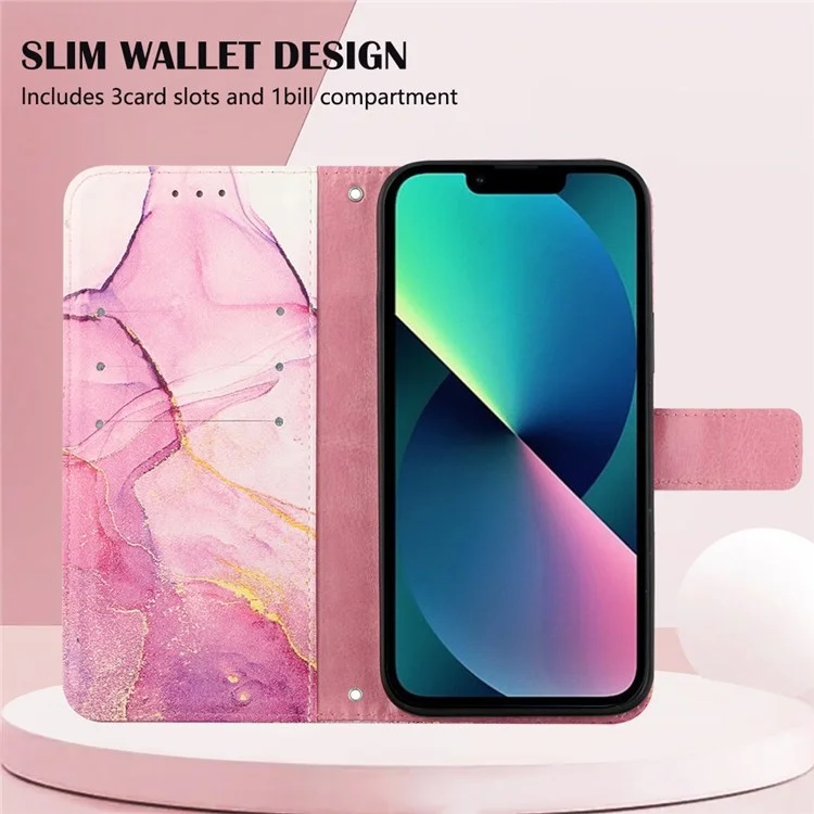 YB Pattern Printing Leder Serie-5 für iPhone 14 6,1 Zoll PU Leder Flip Wallet Case Marmor Muster Magnetverschluss Ständer Schutzhülle mit Riemen - Pink/Lila/Gold 001