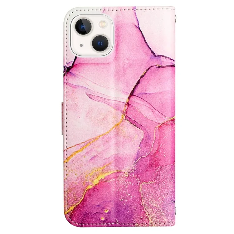 YB Pattern Printing Leder Serie-5 für iPhone 14 6,1 Zoll PU Leder Flip Wallet Case Marmor Muster Magnetverschluss Ständer Schutzhülle mit Riemen - Pink/Lila/Gold 001