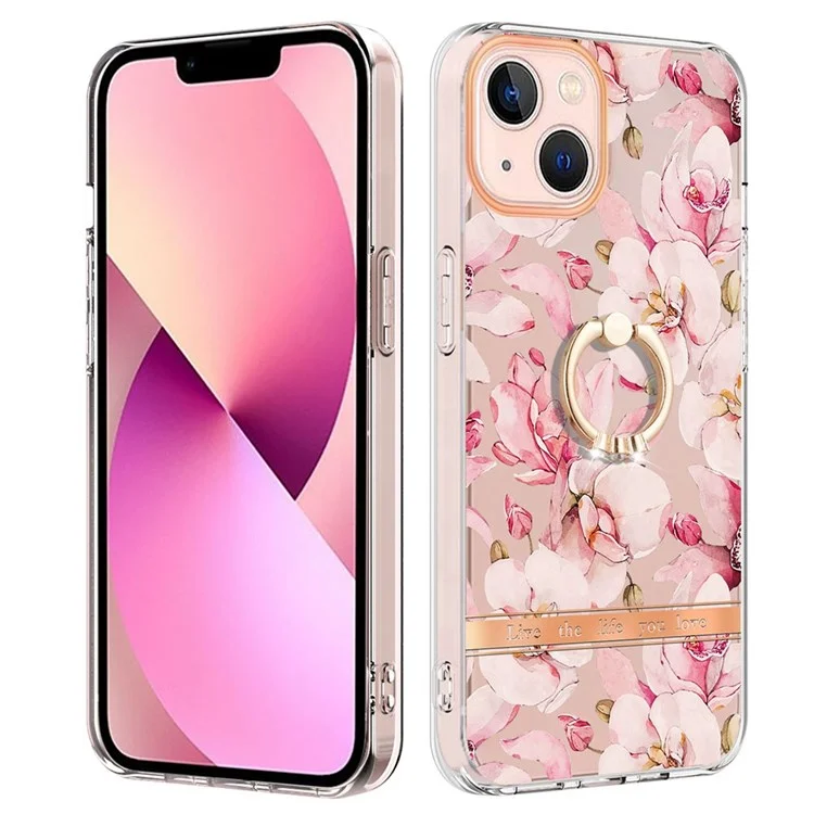Pour Iphone 13 6,1 Pouces YB IMD-12 Série Sépoir de Rannage Kickstand Design Fleur Fleur Modèle TPU Soft TPU Électroplaste IMD Shell - HC005 Gardenia Rose
