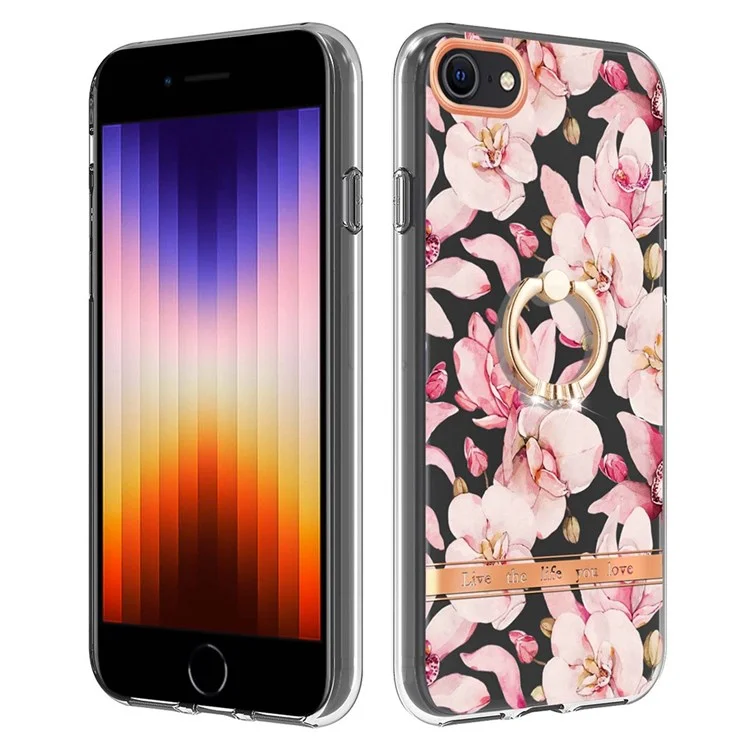 For iPhone SE (2020) / SE (2022) / 7 / 8 4.7 inch Back Cover with Ring Kickstand Flower Pattern Electroplating TPU Case - HC005 Pink Gardenia