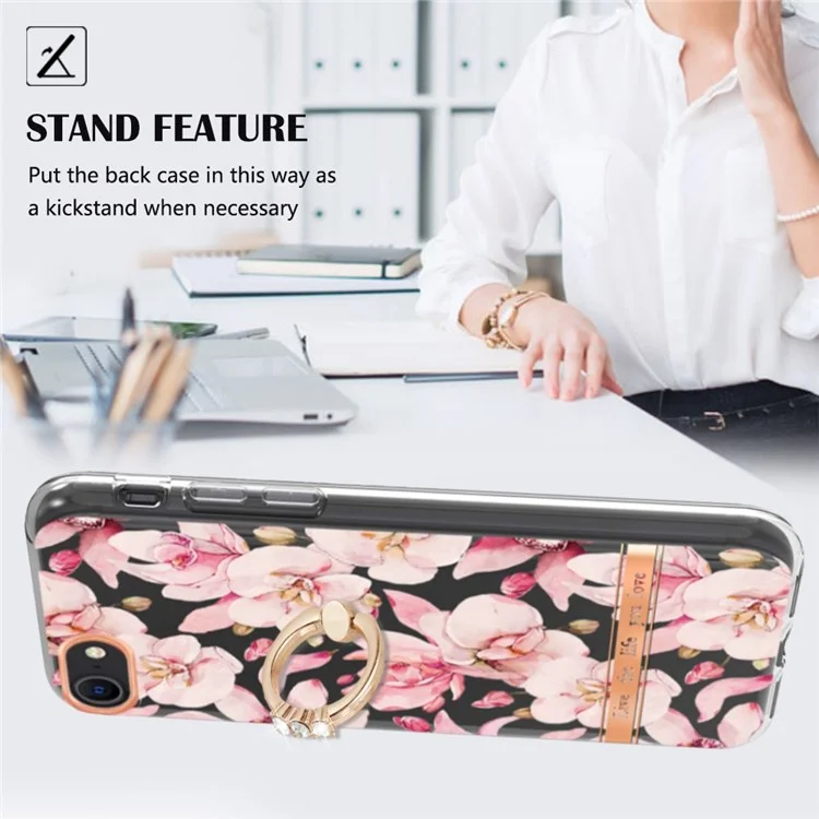 For iPhone SE (2020) / SE (2022) / 7 / 8 4.7 inch Back Cover with Ring Kickstand Flower Pattern Electroplating TPU Case - HC005 Pink Gardenia