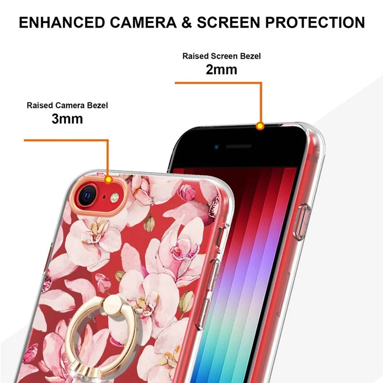 For iPhone SE (2020) / SE (2022) / 7 / 8 4.7 inch Back Cover with Ring Kickstand Flower Pattern Electroplating TPU Case - HC005 Pink Gardenia
