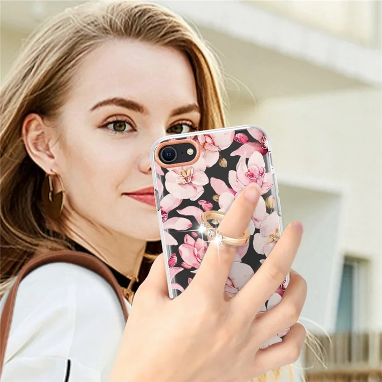 For iPhone SE (2020) / SE (2022) / 7 / 8 4.7 inch Back Cover with Ring Kickstand Flower Pattern Electroplating TPU Case - HC005 Pink Gardenia
